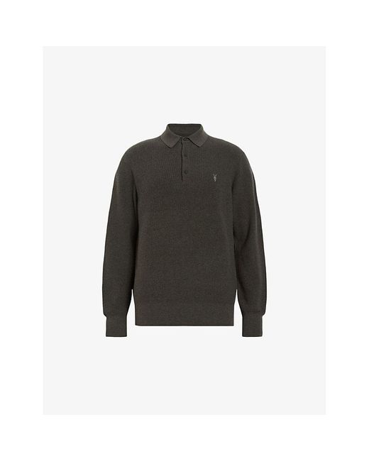 AllSaints Black Aspen Logo-embroidered Long-sleeved Cotton-blend Polo Shirt for men