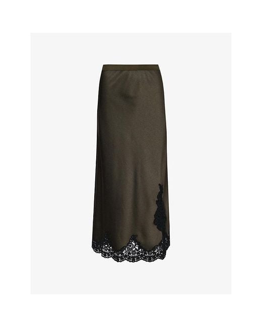 ME+EM Green Lace-Embroidered Bias-Cut Satin-Crepe Maxi Skirt