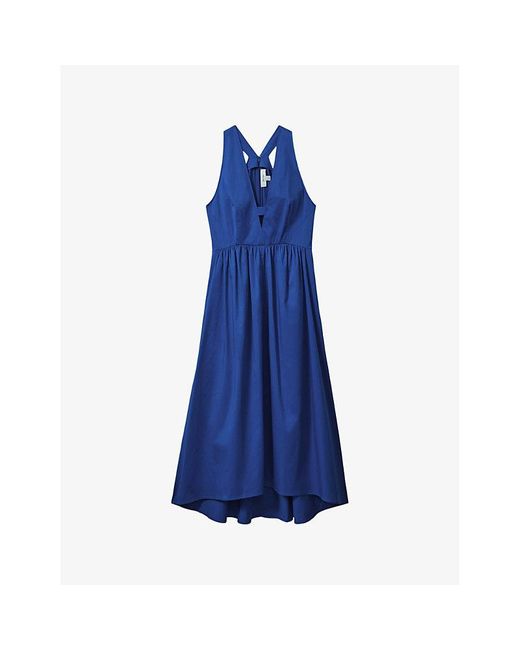 Reiss Blue Yana V-neck Cut-out Stretch-cotton Midi Dress
