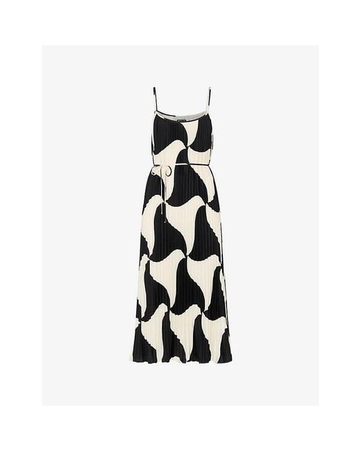Whistles Black Triangle Swirl-Print Pleated Woven Midi Dress