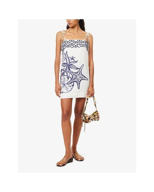 Farm Rio Blue Coast Stars Printed Linen Mini Dress