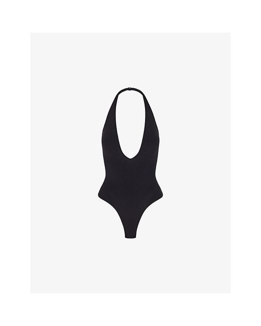 Skims Black Sculpting Halter-Neck Plunge Stretch-Woven Body