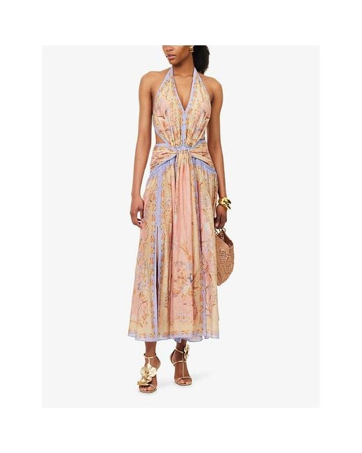Zimmermann Pink Indra Printed Halter-Neck Silk And Cotton Maxi Dress