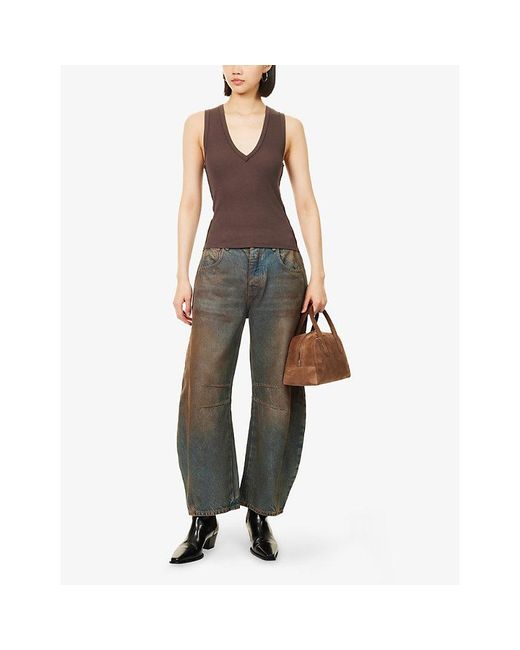 Free People Brown Neria V-Neck Stretch-Cotton Tank Top