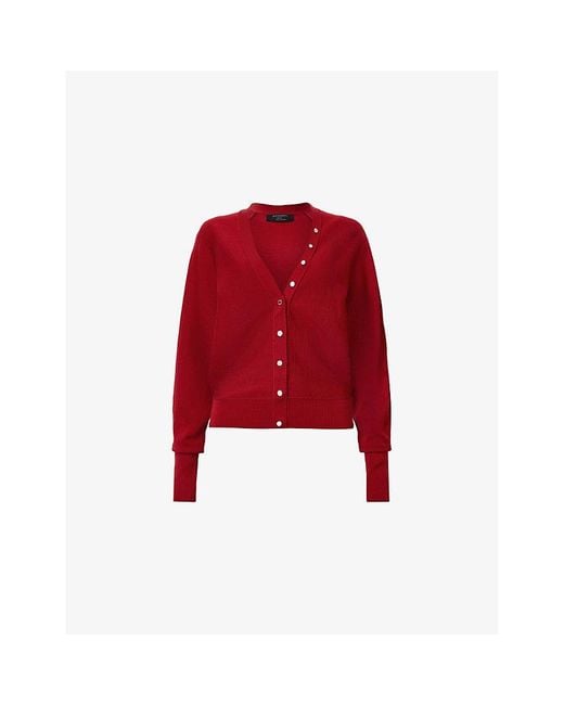 AllSaints Red Honor V-Neck Long-Sleeve Wool Cardigan