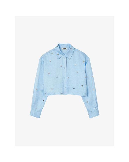 Sandro Blue Rhinestone-embellished Cropped Satin Shirt