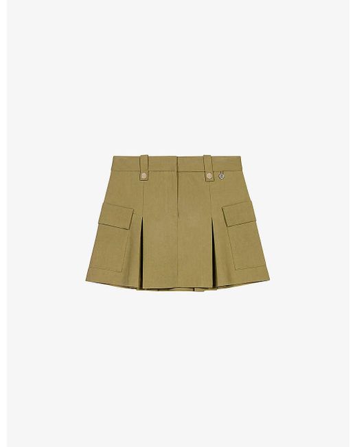Maje Green Box-pleated Flap-pockets Stretch Cotton-blend Mini Skirt