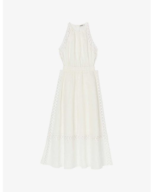 Sandro White Lace-trim Flared-skirt Linen Maxi Dress