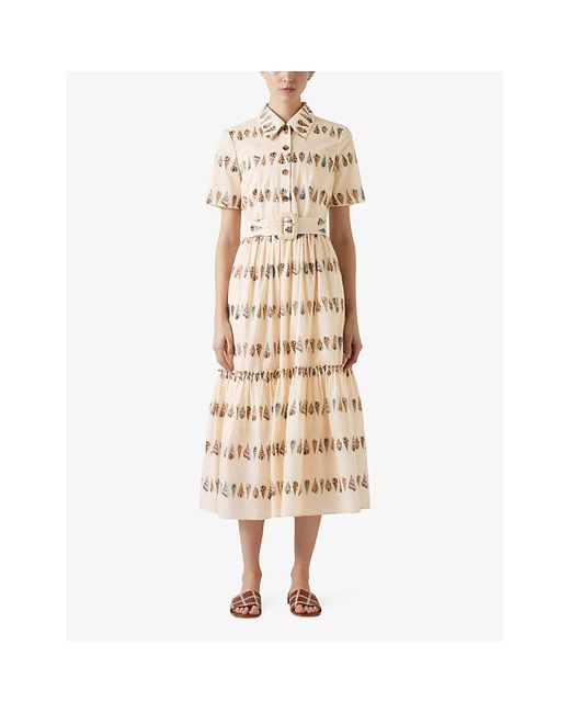 L.K.Bennett Natural Mul-tural/ecru Bella Shell-print Cotton Midi Dress