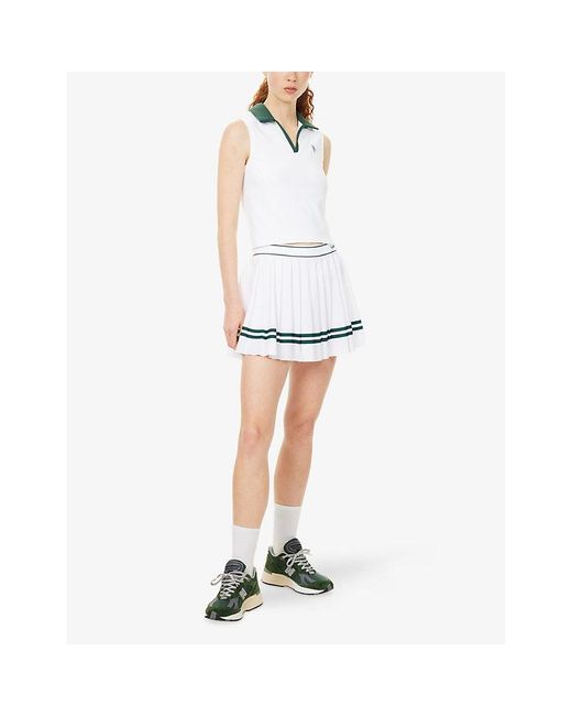 Sporty & Rich White Serif-Logo Pleated Woven Mini Skirt