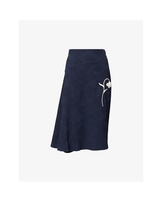 Erdem Blue Drape Floral-Jacquard Cotton-Blend Midi Skirt