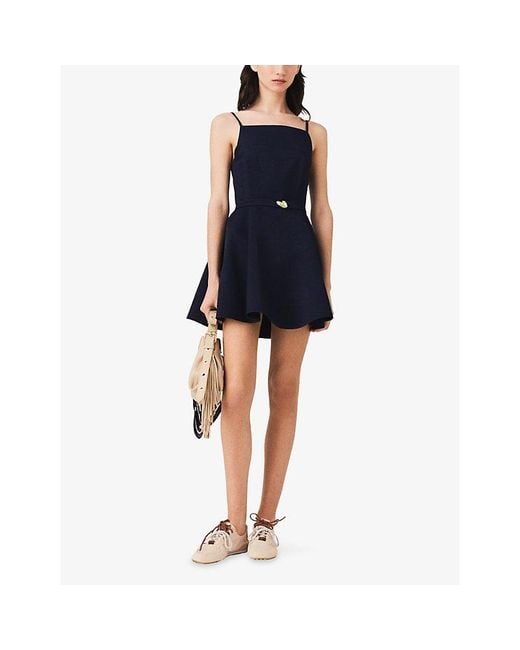 Maje Blue Square-Neck Belted Woven Mini Dress