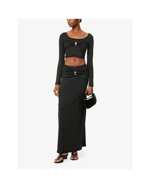 4th & Reckless Black Lyra Knot-Front Stretch-Woven Midi Skirt