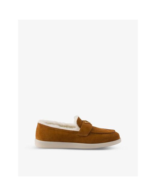 Prada Brown Triangle-Plaque Suede And Shearling Loafers