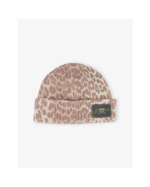 Ganni Natural Brand-Patch Wool-Blend Beanie