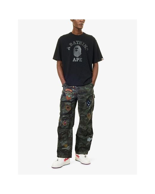 A Bathing Ape Black Tonal Logo-Print College Cotton T-Shirt for men
