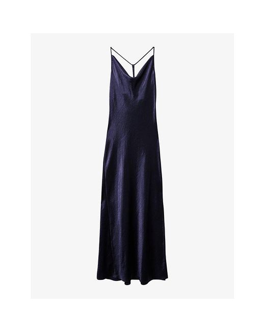 Reiss Blue Cowl-Neck Hammered Satin Slip Dress