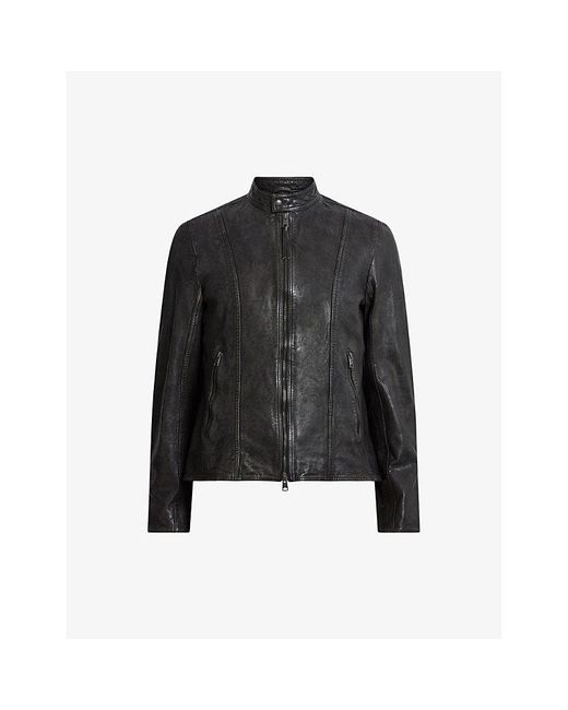 AllSaints Black Murphy Tab-Collar Regular-Fit Leather Jacket for men