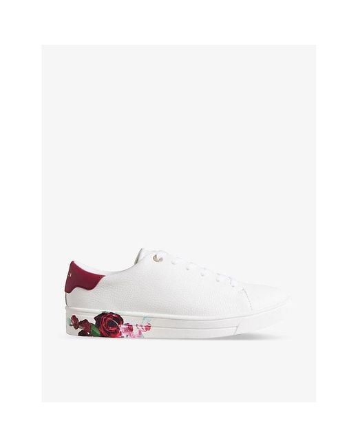 Ted Baker White Arlila Rose-print Low-top Leather Trainers