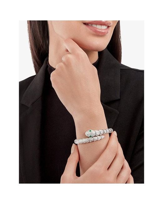 BVLGARI White Serpenti Tubolari 18Ct- 3.89Ct Diamond And 0.26Ct Emerald Bracelet