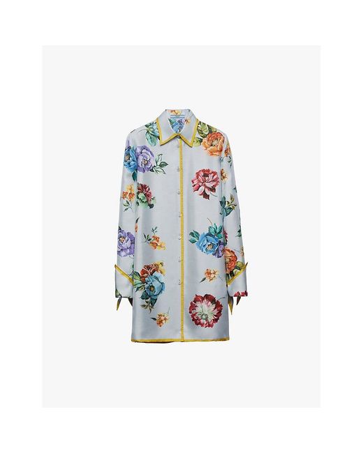 Prada Blue Floral-Print Long-Sleeve Silk-Twill Mini Dress