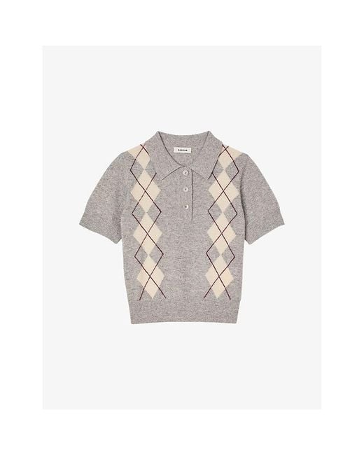 Sandro Gray Argyle Polo-Collar Wool And Cashmere-Blend Jumper