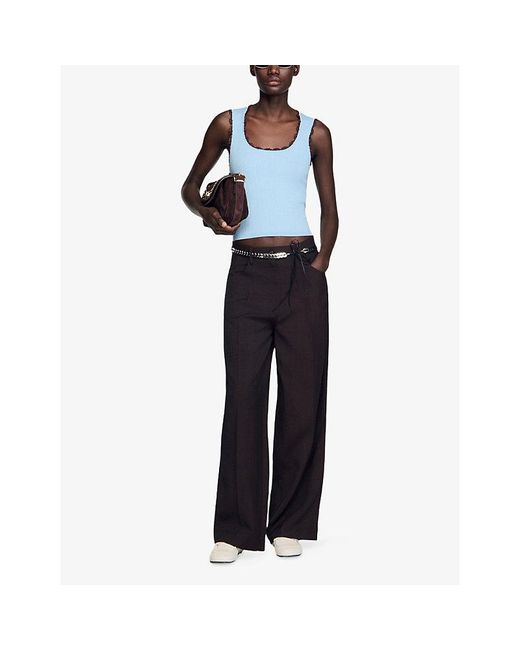 Sandro Blue Ribbed Crochet-Embroidered Knitted Top
