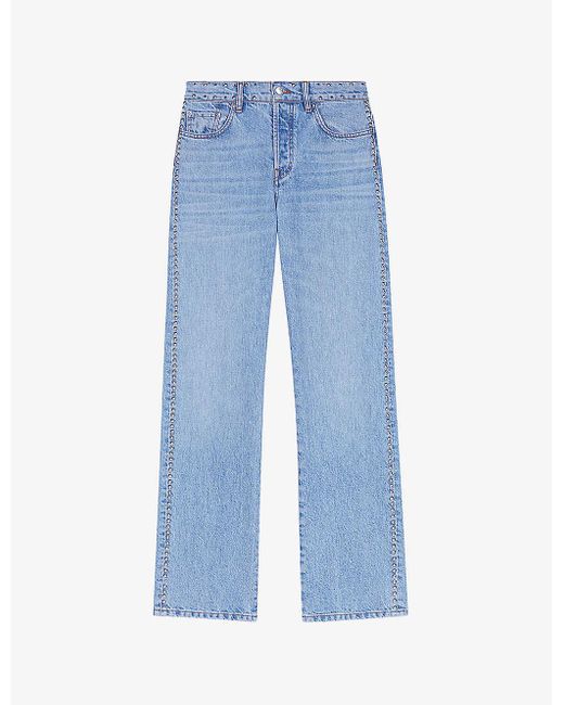 Maje Blue Stud-embellished Wide-leg High-rise Denim Jeans