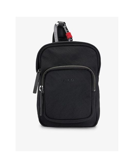 HUGO Black Reporter Brand-strap Woven Crossbody Bag for men