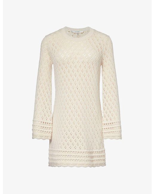 FRAME White Scallop-trim Round-neck Cotton And Silk-blend Knitted Mini Dress