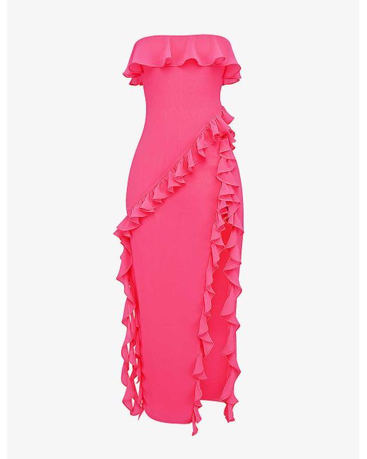House Of Cb Pink Sarina Ruffle-trimmed Woven Maxi Dres