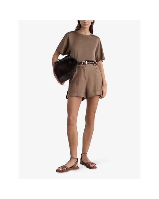 Reiss Brown Lena Short-Sleeve Silk Top
