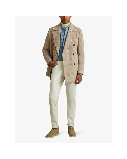 Reiss Bergamo Check Print Double Breasted Wool Blend Pea Coat in Natural for Men Lyst UK