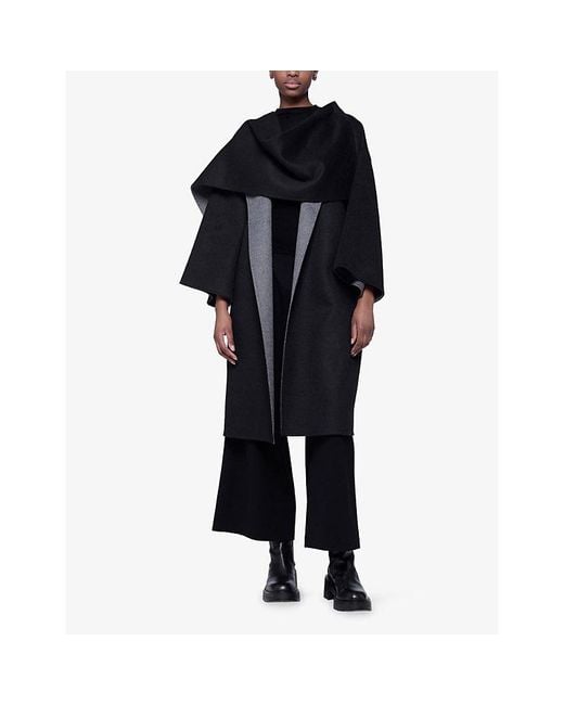 eem Black Reversible Cocoon Wool-Blend Coat With Scarf Detail
