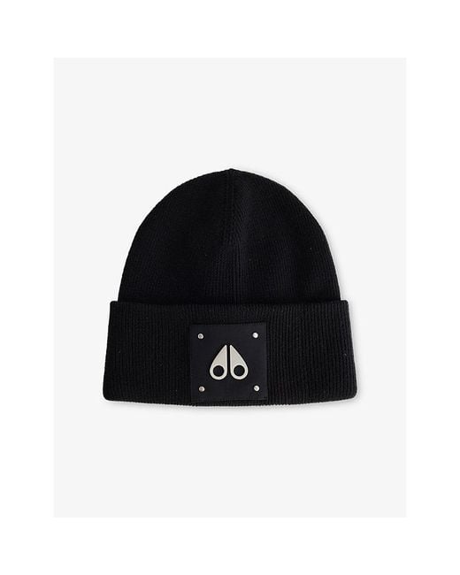 Moose Knuckles Black Logo-Patch Knitted Wool Beanie Hat for men
