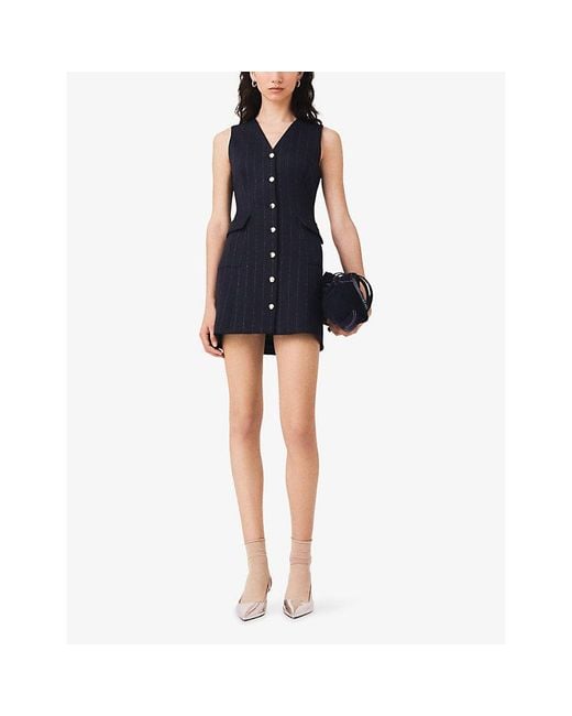 Maje Blue Pinstriped V-Neck Woven Mini Dress