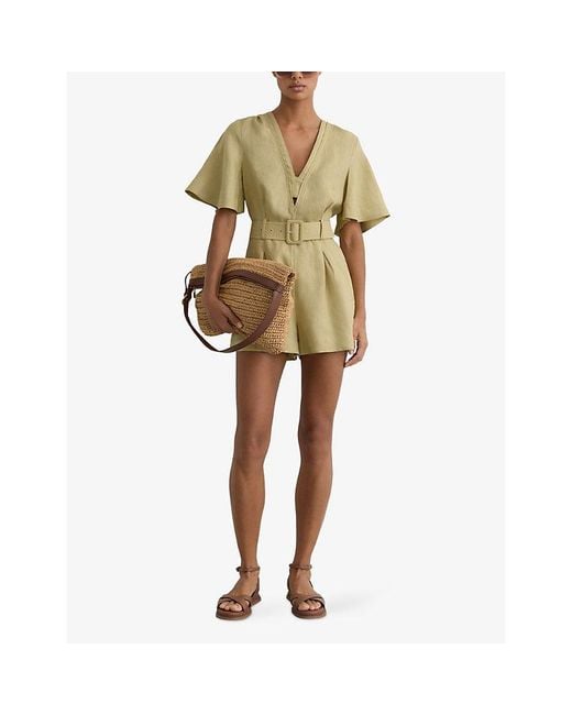 Reiss Green Sansi Short-Sleeve Belted Linen Playsuit