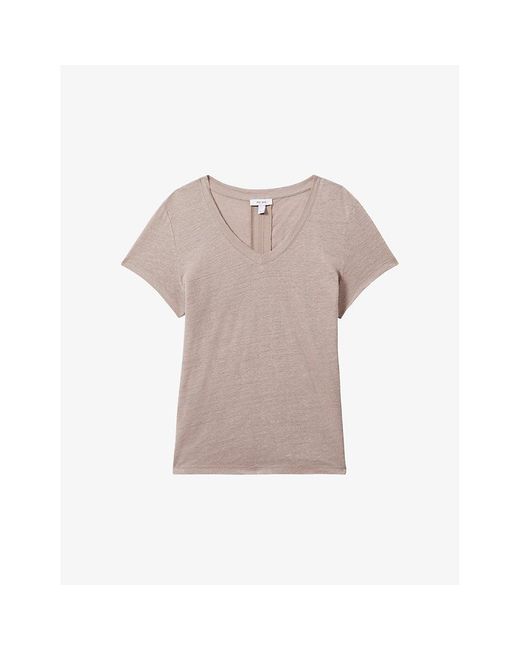 Reiss Pink Lottie V-neck Short-sleeve Linen T-shirt