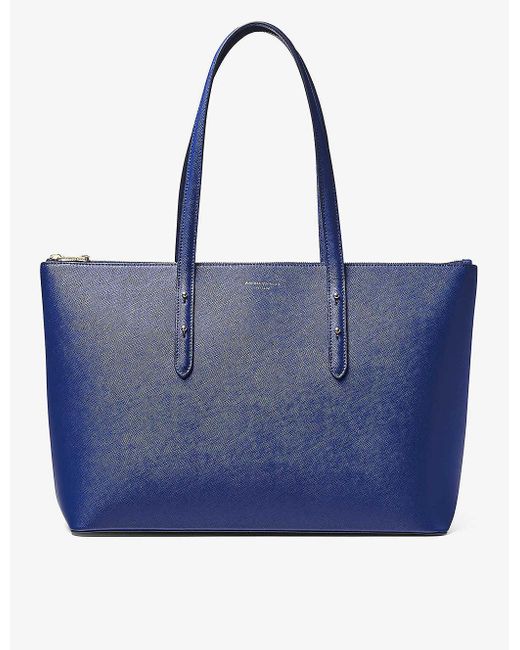 Aspinal Blue Regent Logo-embossed Leather Tote Bag