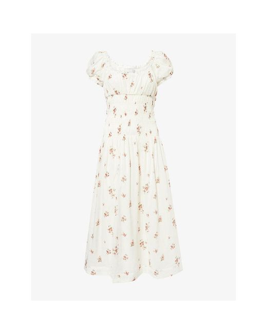 Reformation White Riva Shirred-Waist Cotton-Blend Midi Dress