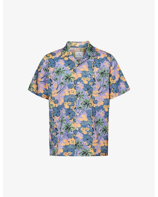PS by Paul Smith Blue Floral-print Camp-collar Cotton-blend Shirt X for men