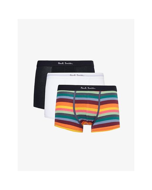 Paul Smith Black Branded-waistband Pack Of Three Stretch Organic-cotton Trunks for men