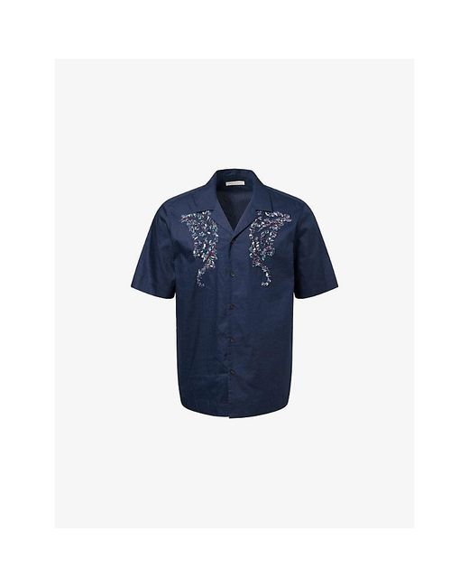 Dries Van Noten Blue Short-Sleeve Embroidered Cotton Shirt for men