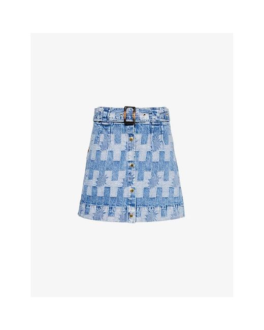 Barbour Blue Bowhill Belted Patterned-denim Mini Skirt