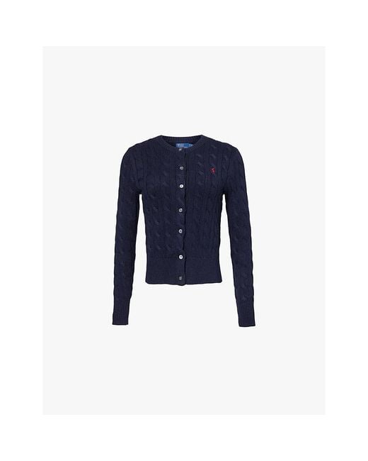 Polo Ralph Lauren Blue Brand-Embroidery Cable-Knit-Pattern Cotton Cardigan
