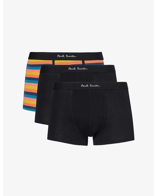 Paul Smith Blue Stripe-print Pack Of Three Stretch-organic-cotton Trunks for men