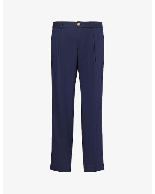 CHE Blue Pleated Belt-loop Straight-leg Regular-fit Cotton-blend Trousers for men