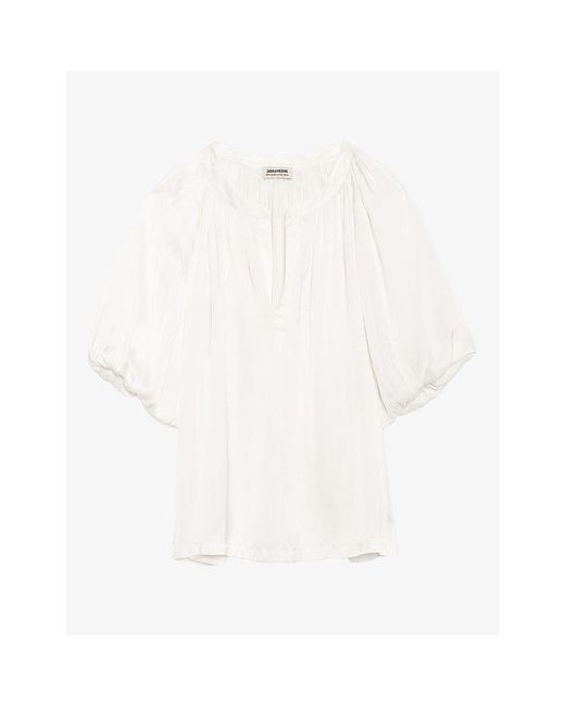 Zadig & Voltaire White Teko Round-Neck Puff-Sleeve Satin Blouse