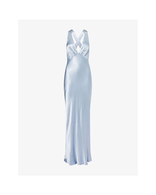 princess polly baby blue dress Shona Joy La Lune Plunge Cross-Back Satin Maxi Dress in Blue