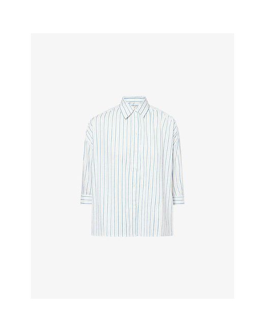 ME+EM White Cropped-Sleeve Striped Cotton-Blend Shirt